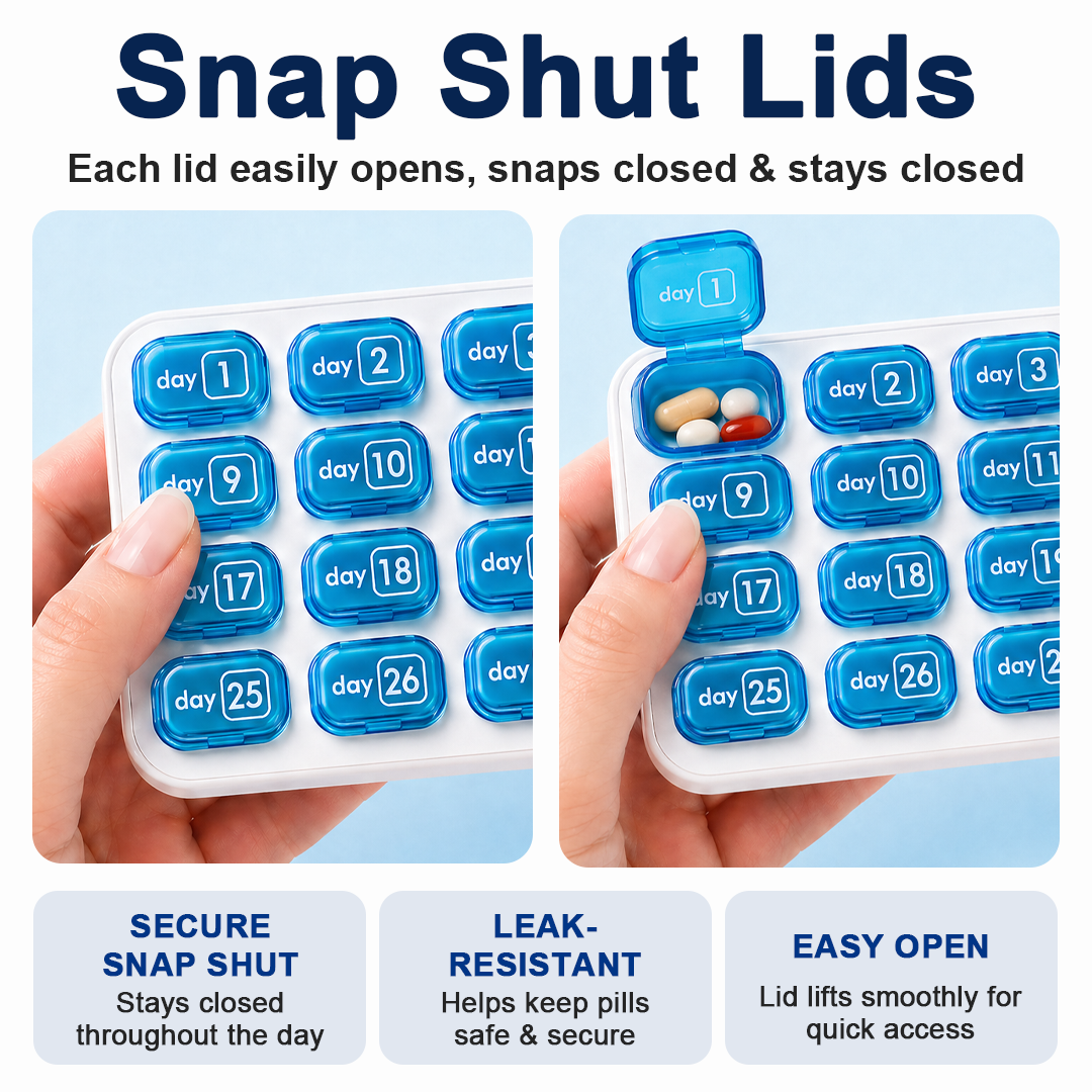 💊Monthly Pill Organizer with Lid - Arthritis-Friendly Easy-Open Lids 31 Removable Daily Pill Pods Date Reminder & Travel Case for Vitamins & Medications