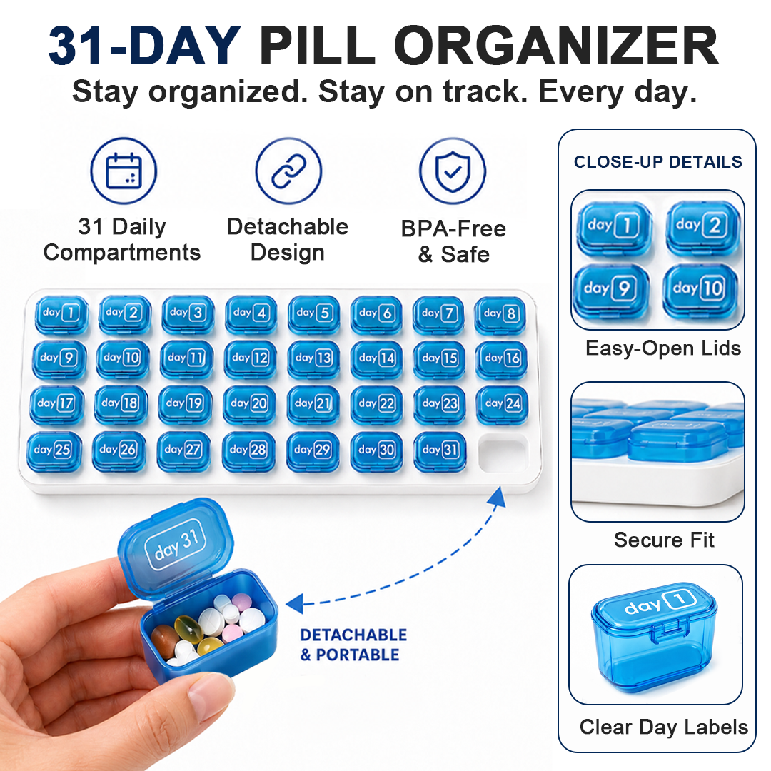 💊Monthly Pill Organizer with Lid - Arthritis-Friendly Easy-Open Lids 31 Removable Daily Pill Pods Date Reminder & Travel Case for Vitamins & Medications