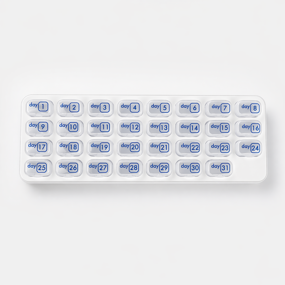 💊Monthly Pill Organizer with Lid - Arthritis-Friendly Easy-Open Lids 31 Removable Daily Pill Pods Date Reminder & Travel Case for Vitamins & Medications