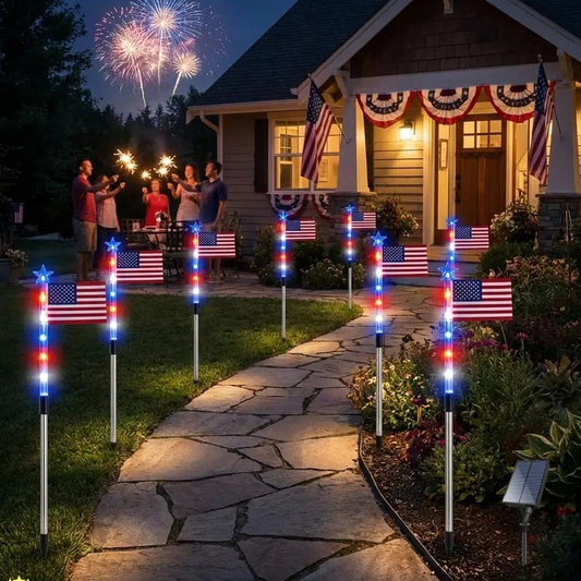 8 Solar American Flag Pathway Lights – Red, White & Blue Yard Glow for 250th Independence Celebration 🇺🇸✨