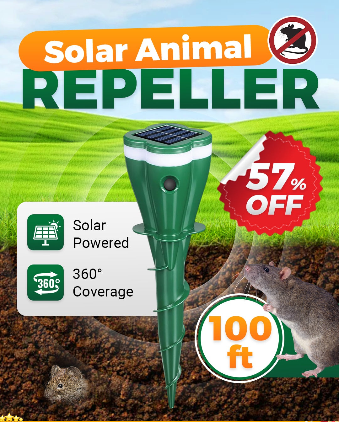 🌸Spring Sale 50 % OFF☘️Outdoors Solar Powered Waterproof Screw Mole Repellent