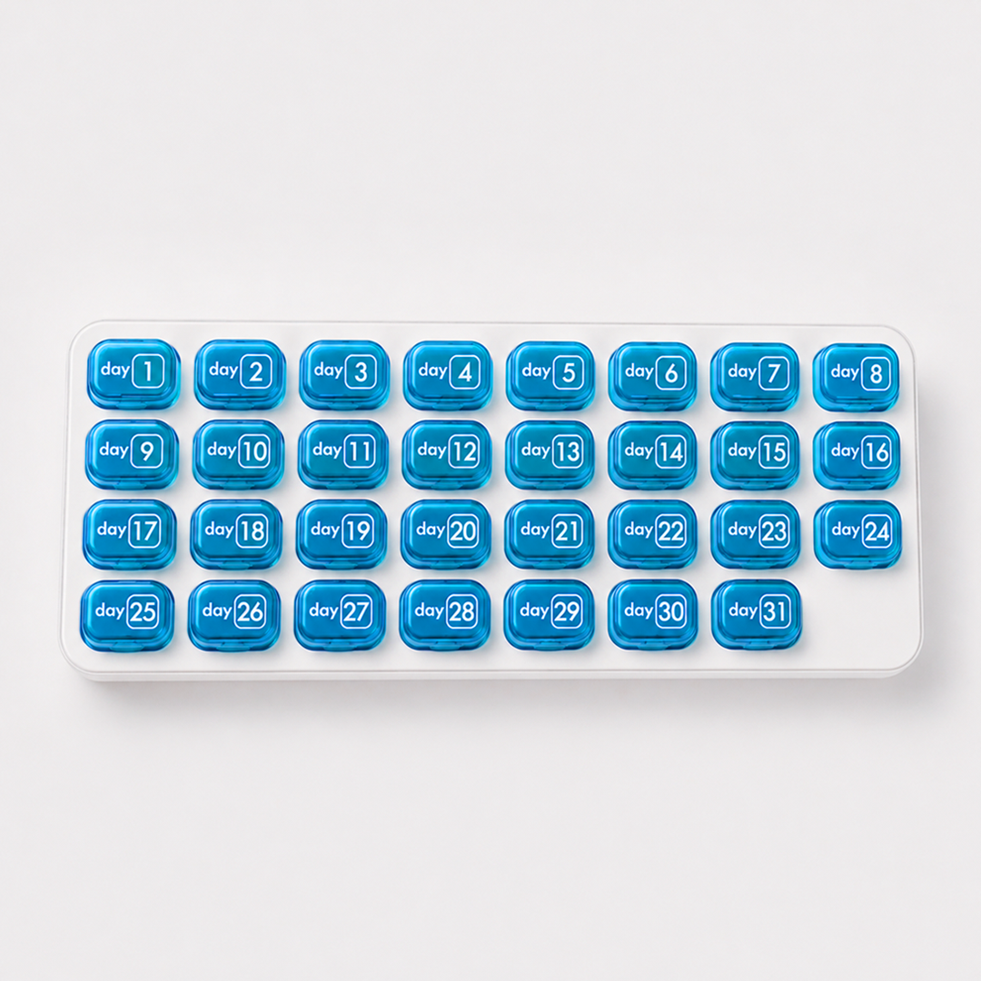 💊Monthly Pill Organizer with Lid - Arthritis-Friendly Easy-Open Lids 31 Removable Daily Pill Pods Date Reminder & Travel Case for Vitamins & Medications