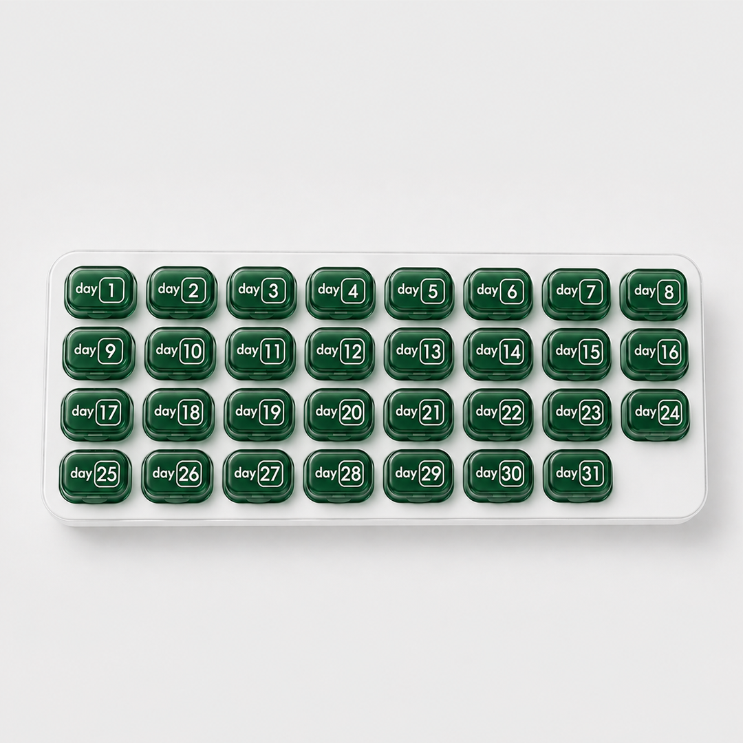 💊Monthly Pill Organizer with Lid - Arthritis-Friendly Easy-Open Lids 31 Removable Daily Pill Pods Date Reminder & Travel Case for Vitamins & Medications