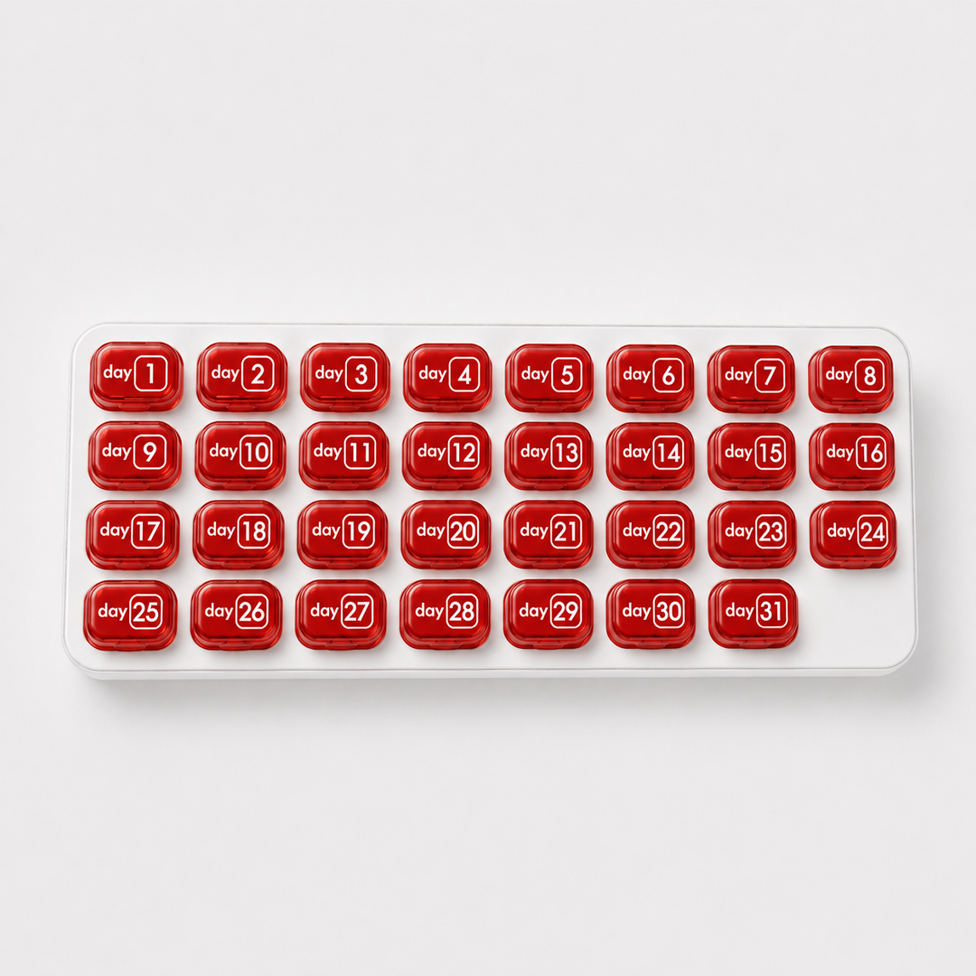 💊Monthly Pill Organizer with Lid - Arthritis-Friendly Easy-Open Lids 31 Removable Daily Pill Pods Date Reminder & Travel Case for Vitamins & Medications