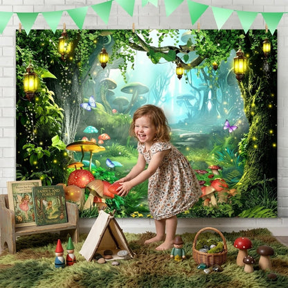 Ultra-Realistic Enchanted Forest Butterfly & Floral Backdrop Banner-Magical Outdoor Party Decoration