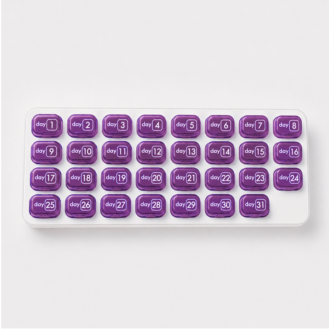 💊Monthly Pill Organizer with Lid - Arthritis-Friendly Easy-Open Lids 31 Removable Daily Pill Pods Date Reminder & Travel Case for Vitamins & Medications