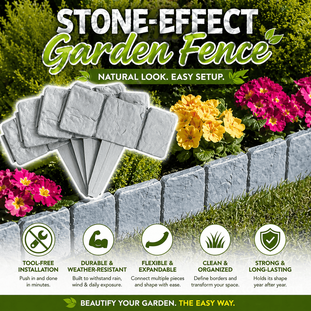🌻High-quality, durable simulated stone garden fence🌻Stone-effect garden fence