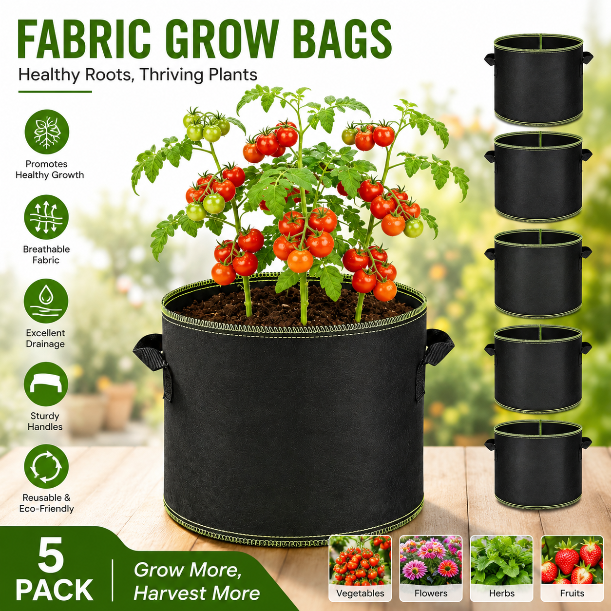 🌱 5-Pack 5 Gallon Grow Bags – Heavy Duty Aeration Fabric Pots with Handles for Vegetables, Flowers & Fruits 🪴