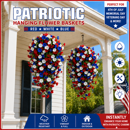 🎉Patriotic Hanging Flower Baskets 🔴⚪🔵 - Artificial Outdoor Decor, No Maintenance
