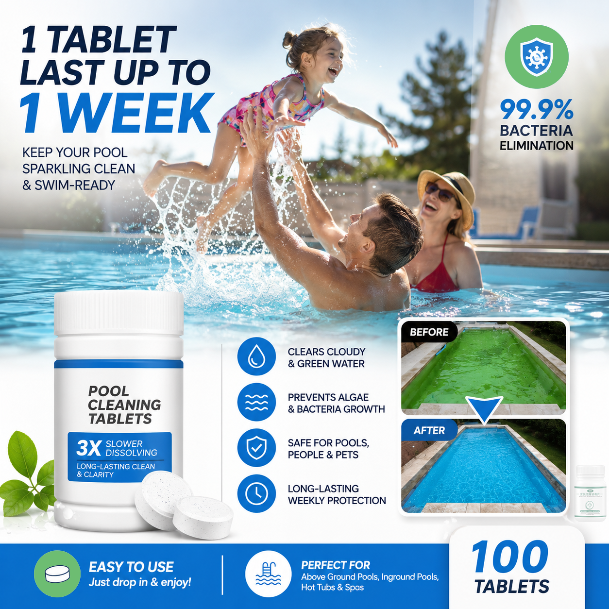 🌊✨ Pool Cleaning Tablets for Crystal Clear Water – Drop, Dissolve, Dive In! 🏊‍♂️