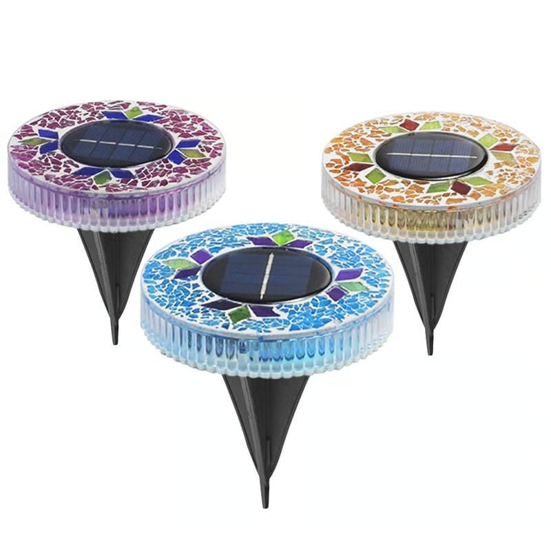 Solar Disk Lights – Handcrafted Mosaic Outdoor LED Waterproof In-Ground & Tabletop Wireless Lighting